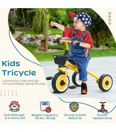 Kids Tricycle Yellow 10" front 8" rear EVA wheels Adjustable Seat Basket