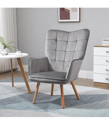 HOMCOM Modern Accent Chair Velvet-Touch Tufted Wingback Armchair Grey