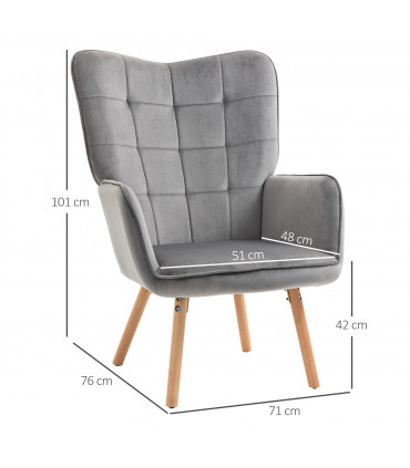 HOMCOM Modern Accent Chair Velvet-Touch Tufted Wingback Armchair Grey
