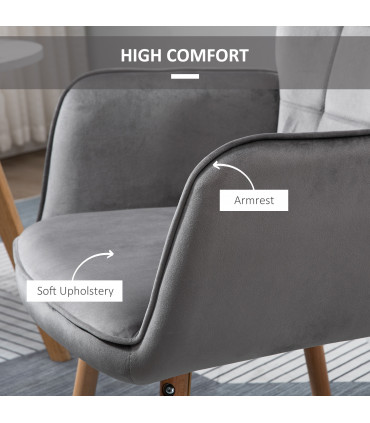 HOMCOM Modern Accent Chair Velvet-Touch Tufted Wingback Armchair Grey