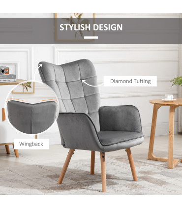 HOMCOM Modern Accent Chair Velvet-Touch Tufted Wingback Armchair Grey