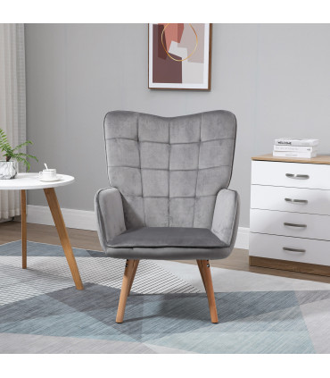 HOMCOM Modern Accent Chair Velvet-Touch Tufted Wingback Armchair Grey