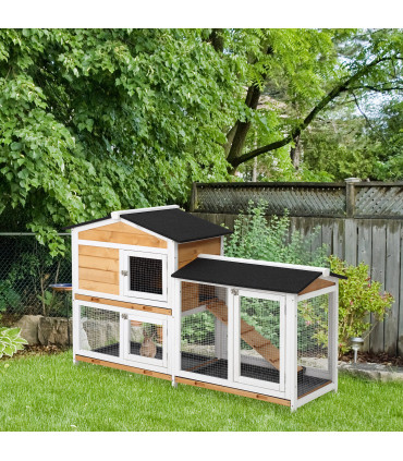 2-Tier Wooden Rabbit Hutch Guinea Pig House Pet Cage Outdoor Tray Ramp Pawhut