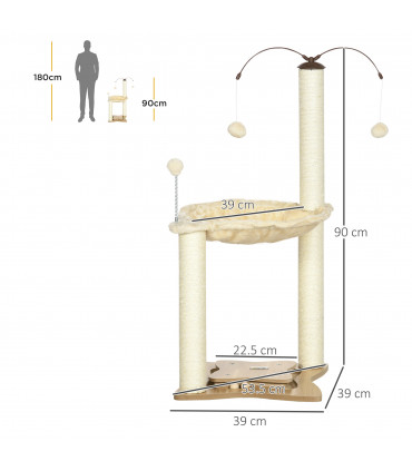Cat Tree for Indoor Cats w/ Scratching Posts Hammock, Toy Ball - Beige Pawhut