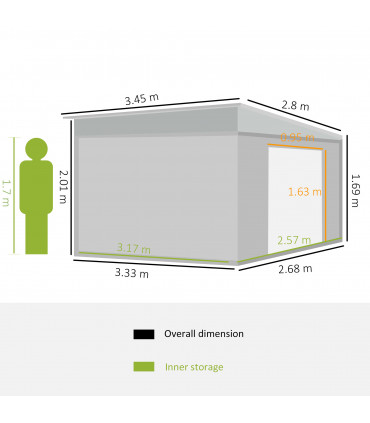11.3 x 9.2ft Steel Garden Shed Metal Tool House Double Doors & 2 Air Vents, Grey