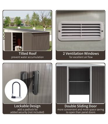 11.3 x 9.2ft Steel Garden Shed Metal Tool House Double Doors & 2 Air Vents, Grey