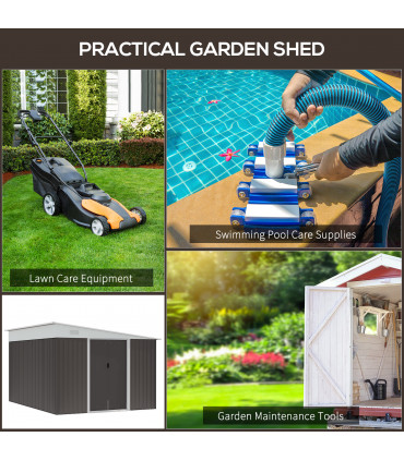 11.3 x 9.2ft Steel Garden Shed Metal Tool House Double Doors & 2 Air Vents, Grey