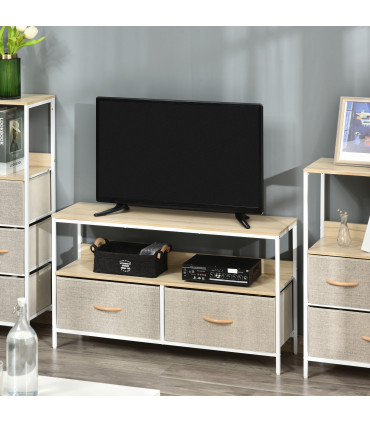 HOMCOM TV Cabinet, TV Console Unit with 2 Foldable Linen Drawers Maple Colour