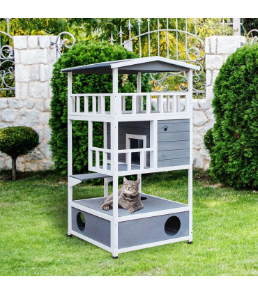 Cat House 3-Tier Waterproof Paint w/ Tilted Roof Bottom Tray Elevated Base