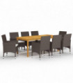 9 Piece Garden Dining Set with Cushions Brown