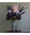 Glass Vase 80cm Artificial Purple Sunflower and Gold Leaf Display - Purple, Gold