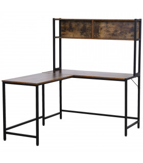 149x140x125cm Industrial L-Shaped Desk w Shelf - Brown & Black