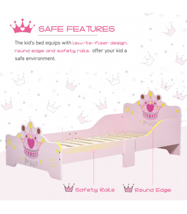 Kids Wooden Princess Crown & Flower Single Bed Safety Side Rails Slats