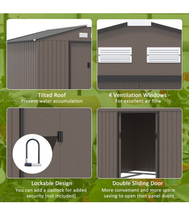 9 X 6FT Outdoor Storage Garden Shed Sliding Door Galvanised Metal Brown