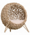 Wicker Cat House, Ball-Shaped Rattan Raised Cat Bed - Natural Wood Finish