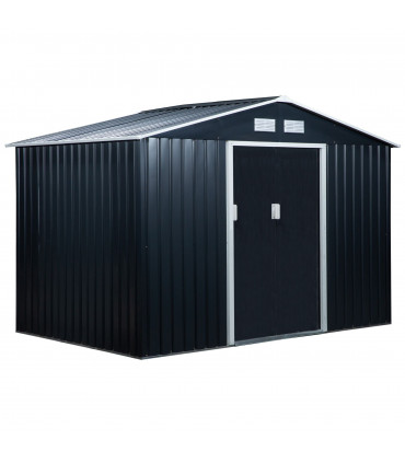 9 x 6FT Garden Roofed Metal Storage with Foundation Vent & Doors, Dark Grey