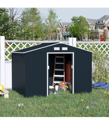 9 x 6FT Garden Roofed Metal Storage with Foundation Vent & Doors, Dark Grey