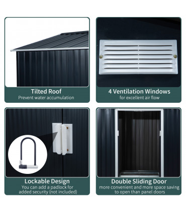 9 x 6FT Garden Roofed Metal Storage with Foundation Vent & Doors, Dark Grey