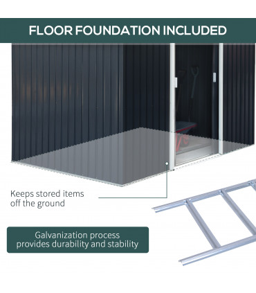 9 x 6FT Garden Roofed Metal Storage with Foundation Vent & Doors, Dark Grey
