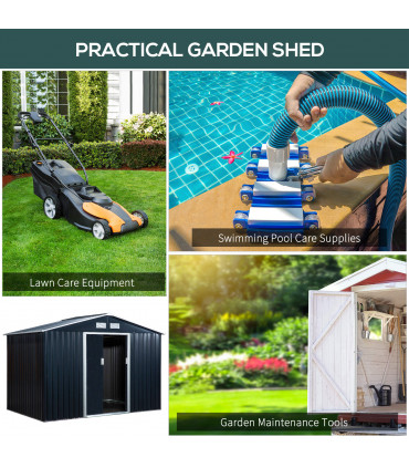 9 x 6FT Garden Roofed Metal Storage with Foundation Vent & Doors, Dark Grey