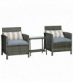 Outsunny 2-Seater PE Rattan Side Table & Armchair Set w/ Pillows Grey