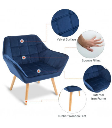 Luxe Velvet-Feel Accent Chair w/ Wide Arms Slanted Back Padding Wood Legs Blue