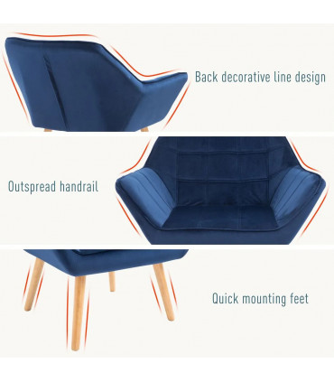 Luxe Velvet-Feel Accent Chair w/ Wide Arms Slanted Back Padding Wood Legs Blue