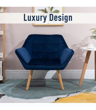 Luxe Velvet-Feel Accent Chair w/ Wide Arms Slanted Back Padding Wood Legs Blue