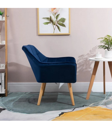 Luxe Velvet-Feel Accent Chair w/ Wide Arms Slanted Back Padding Wood Legs Blue