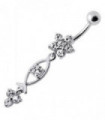 Silver Fancy Jeweled Dangling Flower With SS Banana Bar Navel Ring