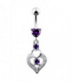 Silver Fancy Heart Jeweled Heart Dangling Banana Belly Ring