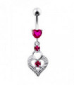 Silver Fancy Heart Jeweled Heart Dangling Banana Belly Ring