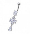 Silver Fancy  Flower Dangling Bdy Jewelry SS Bar Belly Ring