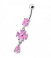 Silver Fancy  Flower Dangling Bdy Jewelry SS Bar Belly Ring