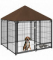 Outdoor Dog House Kennel with Canopy Top & Secure Lock Rotating Bowl Holder