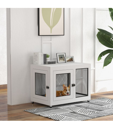 Dog Kennel Furniture End Table w/ Two Doors, Soft Cushion for Large, Medium Dogs