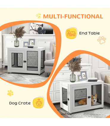 Dog Kennel Furniture End Table w/ Two Doors, Soft Cushion for Large, Medium Dogs