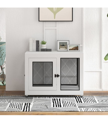 Dog Kennel Furniture End Table w/ Two Doors, Soft Cushion for Large, Medium Dogs