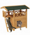 PawHut Outdoor Cat House with Balcony Stairs Roof, Natural Wood Finish