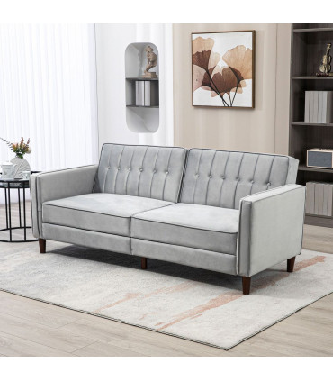 HOMCOM Convertible Sofa Futon Velvet-Touch Tufted Couch Sofa Bed Split Back Grey