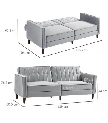 HOMCOM Convertible Sofa Futon Velvet-Touch Tufted Couch Sofa Bed Split Back Grey