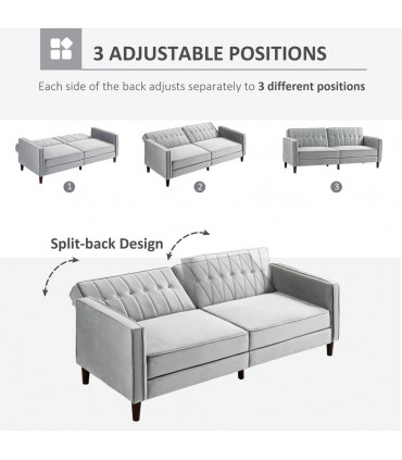 HOMCOM Convertible Sofa Futon Velvet-Touch Tufted Couch Sofa Bed Split Back Grey