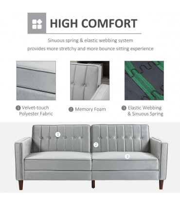 HOMCOM Convertible Sofa Futon Velvet-Touch Tufted Couch Sofa Bed Split Back Grey