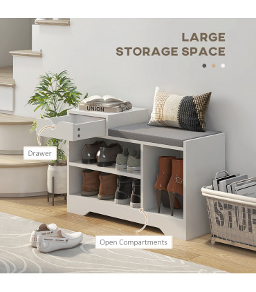 HOMCOM Upholstered Entryway Shoe Bench with Storage Drawer Open Shelf White