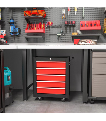 HOMCOM 5-Drawer Tool Chest Steel Lockable Tool Storage Cabinet w/ Wheels Red