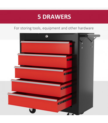 HOMCOM 5-Drawer Tool Chest Steel Lockable Tool Storage Cabinet w/ Wheels Red