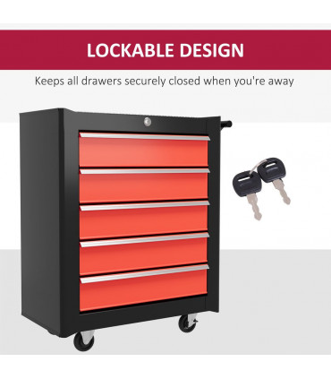 HOMCOM 5-Drawer Tool Chest Steel Lockable Tool Storage Cabinet w/ Wheels Red