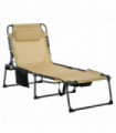 Outsunny Folding Sun Lounge w/ Reclining Back, Sun Lounge w/ Reading Hole, Beige