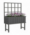 Outsunny Wood Raised Planter w/ Trellis Drain Holes Elevated Garden Bed Grey