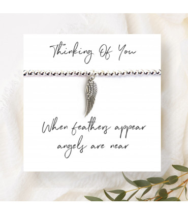 Angel Feather Silver Beaded Bracelet on Message Card